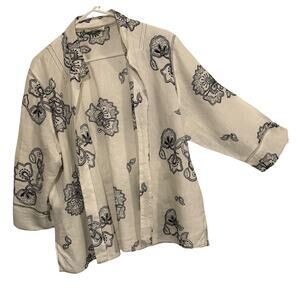 Coldwater Creek 100% Linen Open Front Top White Embroidered Floral Plus Size 2X